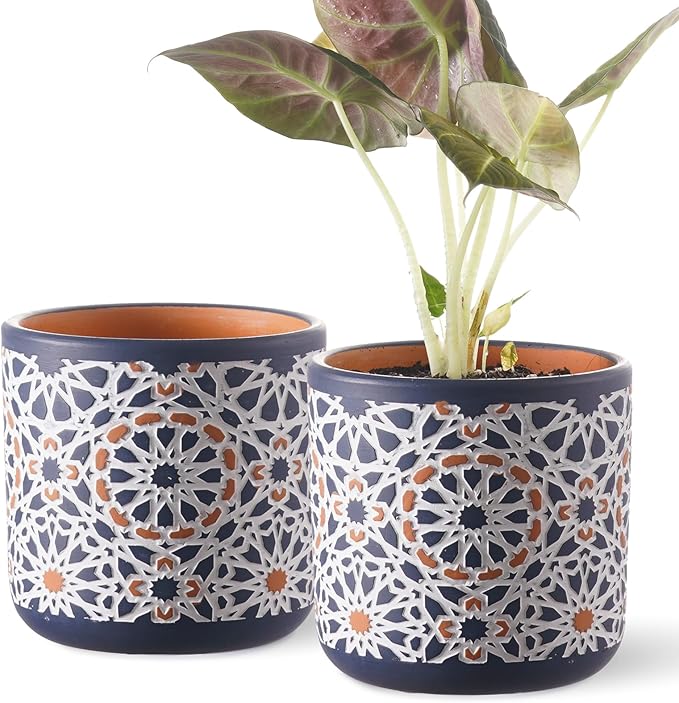 2 Pack Ceramic Flower Pots for Indoor Plants, 5 Inch Boho Plant Pot with Drainage Holes,Modern Planter for Decorative Succulents/Snake Plant/Orchid/Peace Lily/House Plants(Blue)