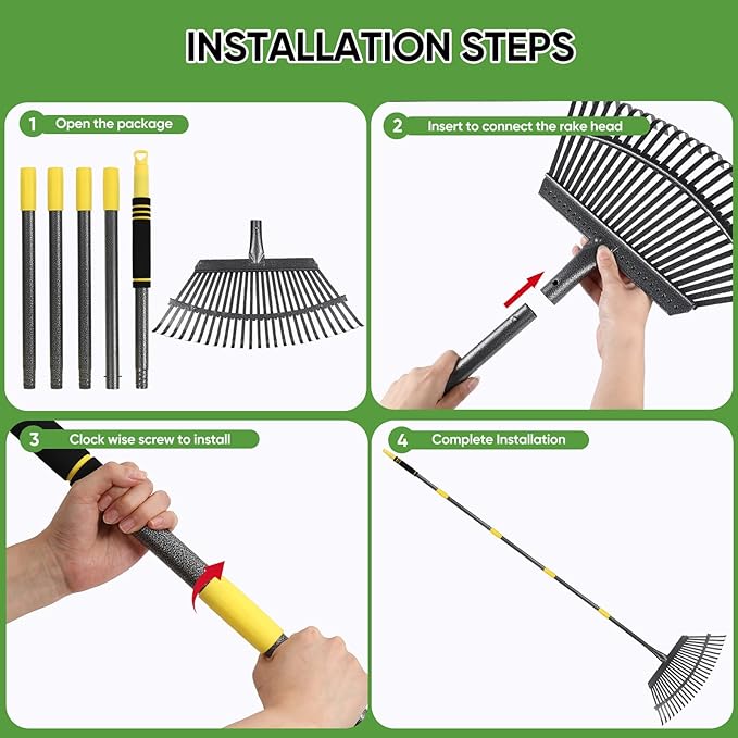 Garden Leaf Rakes, 6FT Rakes for Lawns Heavy Duty 25 Metal Tines 18.5 inch Wide, Adjustable Long Steel Handle, Rakes for Leaves, Gathering Shrub, Leveling Grass, Flower Beds, Yards