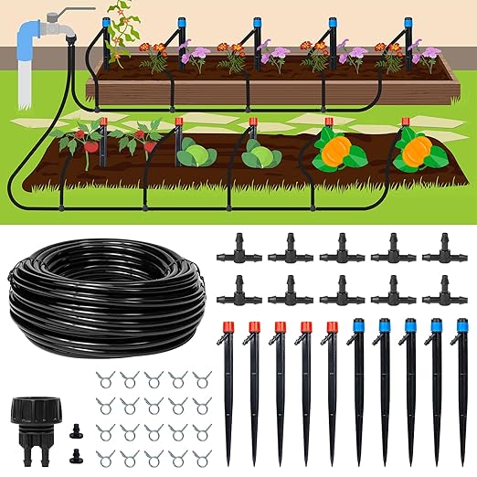 55ft Drip Irrigation System Kit, Garden Watering System DIY Automatic Irrigation Equipment Set for Lawn Raised Bed Greenhouse Plant Watering with 1/4'' Tubing, Drip Emitters, Connectors