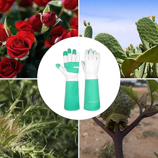 HLDD HANDLANDY Gardening Gloves for Women & Men, Leather Long Sleeve Rose Pruning Gloves, Thorn Proof Garden Work Gauntlet Animal Handling Gloves (Medium, Green)