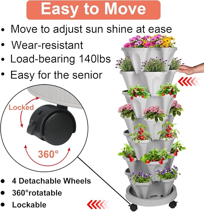 Vertical Planter 7 Tier Stackable Planters Garden Planters Strawberry Herb Flower and Vegetable Planter Indoor Outdoor Gardening Pots with Removable Wheels and Tools 2-Pack