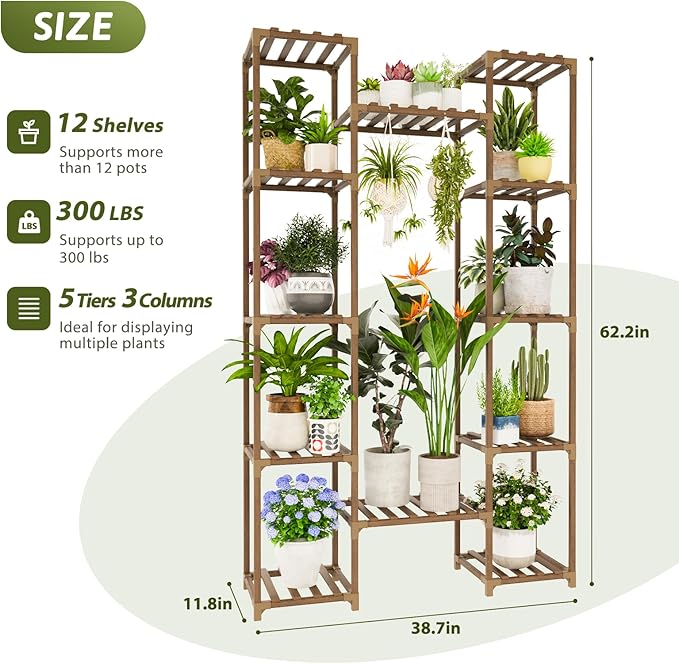 Plant Stand Indoor with Grow Lights for Indoor Plants 62.2'' Tall Plant Shelf 12 Tiers Sturdy Plant Rack for Plants Dispaly for Living Room Garden Patio Decor