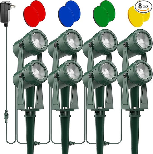 SUNTHIN Outdoor Landscape Lighting, 8 Pack Outdoor Spot Lights with 8 Colorful Lens and Power Supply, Green Shell, IP65 Waterproof & Connectable