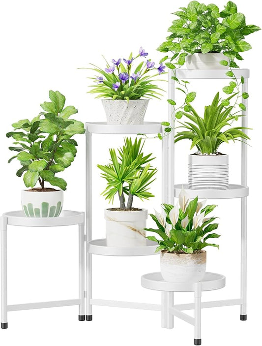 iDavosic.ly 6 Tier Large Plant Stand Indoor with 10 Inch Wide Tray, Tiered Corner Metal Outdoor Flower Display Holder Shelf, Folding Tall Rack for Patio Porch Living Room, White