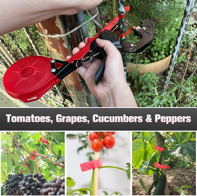 FUNTECK Professional Plant Tying Machine to Bind Tomatoes and Grapes Effortless Garden Tape Tool for Gardeners Farmers, Including Spare SK5 Blade, Garden Tapes and Staples, Red/Black