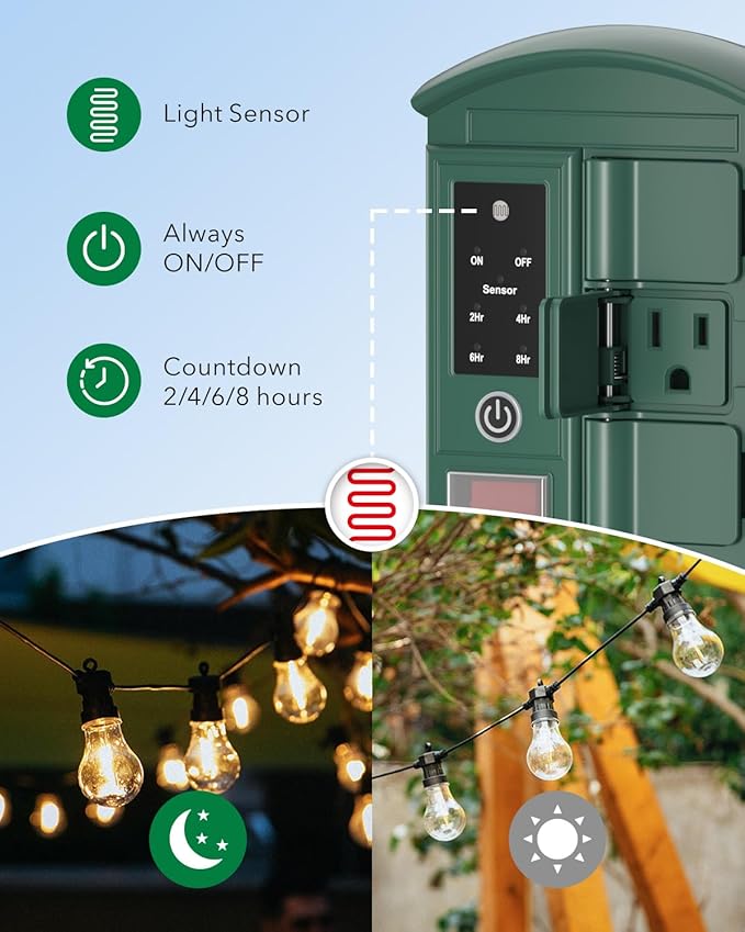BN-LINK Outdoor Power Stake Timer Waterproof, Power Strip with 6 Grounded Outlets and 6FT Extension Cord, 100FT Wireless Remote Control, Dusk to Dawn Sensor Timer for Lights and Courtyard Decoration