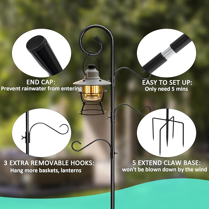 108 Inch Shepherds Hooks for Outdoor 2 Pack, Bird Feeder Poles with 4 Hooks, Shepherds Hook for Bird Feeders Outside with Base, Garden Pole for Hanging Plant Baskets, Weddings Decor (108 Inch)