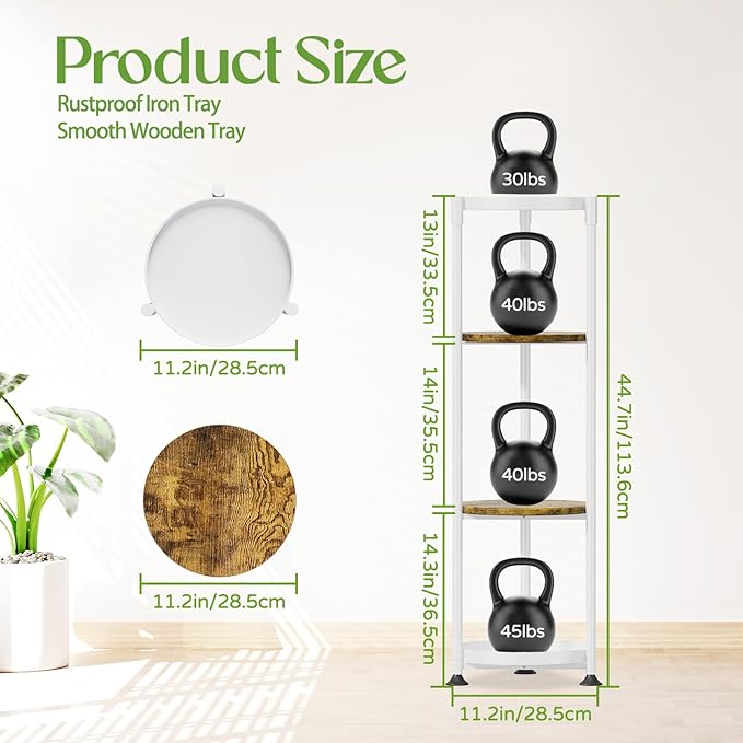 iDavosic.ly 4 Tier Corner Plant Stand Indoor, 45 Inch Tall Vertical Metal Flower Heavy Duty Pot Holder Shelf Outdoor for Patio Porch Living Room, White & Rustic Brown - Round