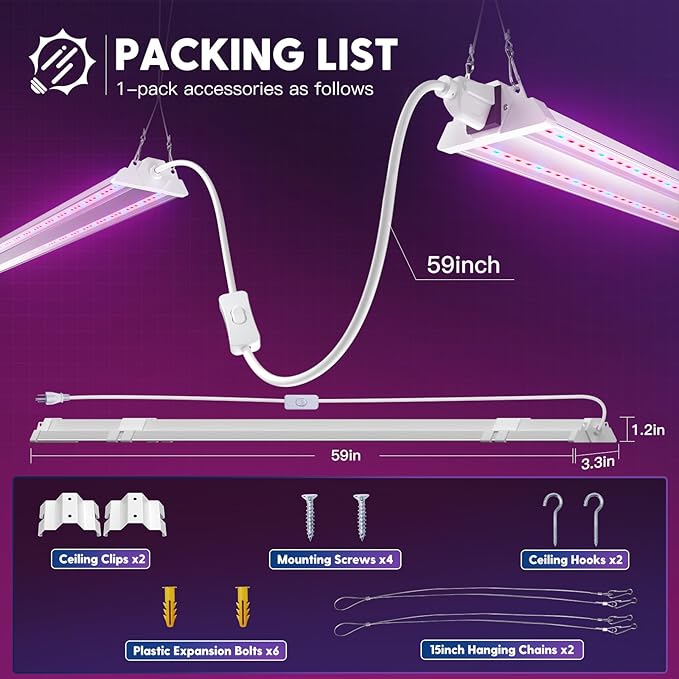 FREELICHT 1 Pack 4ft LED Grow Light, 60W (350W Equivalent), Red Blue (660nm+460nm) Full Spectrum Grow Lights for Indoor Plants, Hanging Plug in Grow Lamp for Hydroponic Greenhouse Plants Seedling Veg