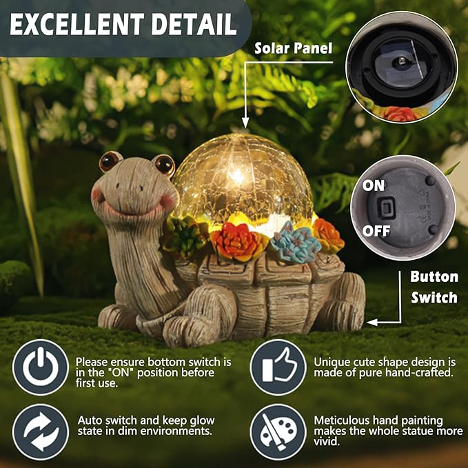Solar Turtle Garden Statue Lights for Outdoor Decor with Cracked Glass LED Figurine Lighting Resin Succulent Tortoise Decorations Patio Lawn Yard Housewarming Mom Gifts (Grey, Large)