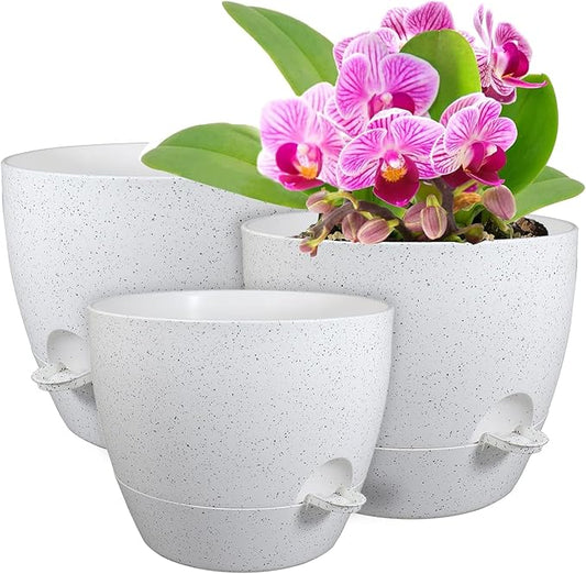 12/10/9 inch Large Self Watering Pots, Plant Pots with Mesh Drainage Holes for Indoor Outdoor Garden Plants, Flower Pots with Deep Reservoir, Set of 3 Plastic Planters, Specked White
