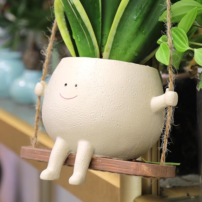 HUNTHAWK Swing Face Planter Pot Hanging Resin Flower Head Planters for Indoor and Outdoor Plants, Succulent Pots for String of Pearls Plant - Ideal Gifts for Mother's Day and Christmas