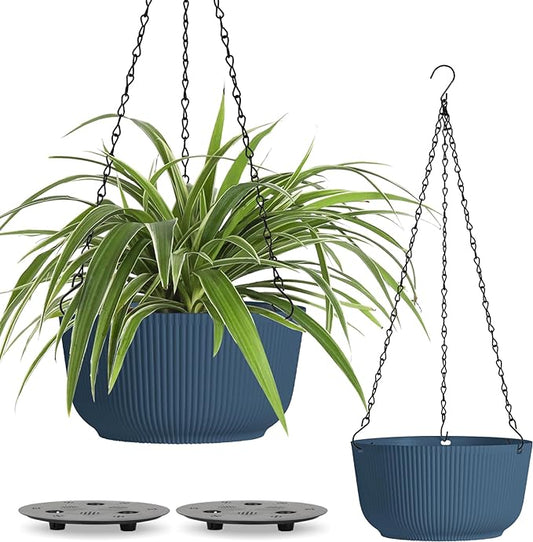 T4U 10 Inch Hanging Planters for Indoor Outdoor Plants, Hanging Baskets for Plants Pack of 2, Self Watering Hanging Pots with Drainage Hole for Garden Home Decor, Blue