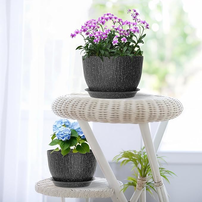 12/10/9 inch Large Flower Pots, 3 Set Big Plant Pots for Outdoor Indoor Plants with Water Ripples, Wide Plastic Planters with Drainage Holes and Saucers for Garden House Plants, Speckled Black