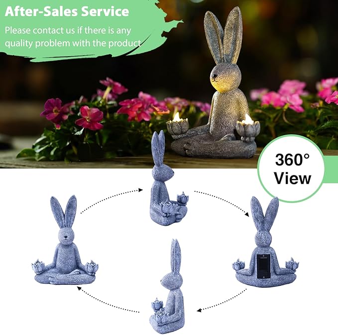 Goodeco Zen Rabbit Statue with Solar Lotus - Garden Yoga Bunny with LED Solar Lotus Lights, Sitting Meditating Buddha Rabbit Serene Resin Figurine for Patio Yard Lawn Ornaments, Home or Outside