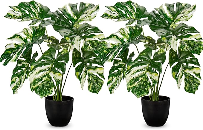 Hollyone Artificial Monstera Plant 17" Faux Monstera Deliciosa Plant in Black Pot Fake Swiss Cheese Tropical Plant Potted for Indoor Outdoor Floor Home Office Living Room Decor, 2 Pack