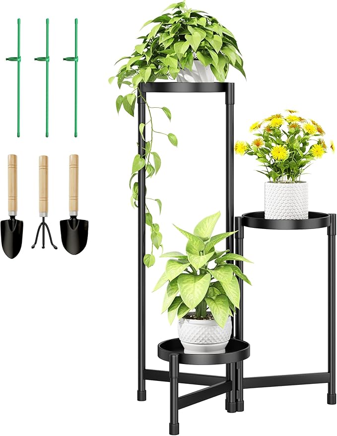 3-Tier Metal Plant Stand Indoor, Foldable Corner Plant Shelf Outdoor, Rotatable Tiered Tall Plant Stand, Black Multiple Plant Stands for Patio Living Room Balcony Garden Home Decor