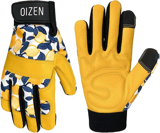 Cowhide Leather Thorn Proof & Puncture Resistant Gardening Gloves for Women and Men, Touchscreen Compatible Working Gloves for Weeding, Digging, Planting, Gardening Gifts for Women (Large)