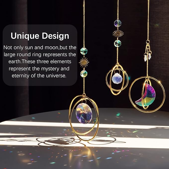 Set 3 Crystal Hanging Decorations - Sun & Moon Rainbow Crystal Suncatcher Window Car Hanging Prisms Ornament Pendant,Boho Love Wall Decoration,Home Garden Decor Gift