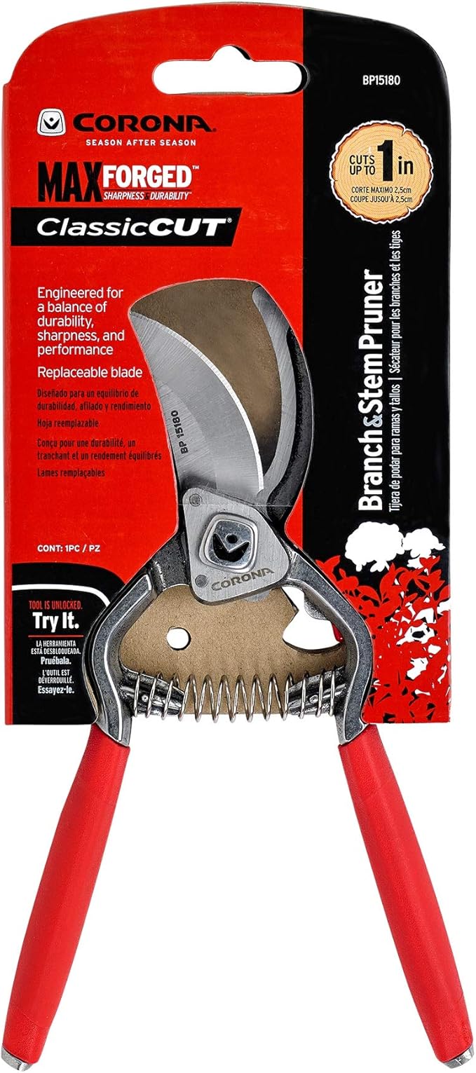 Corona BP15180 Forged Steel ClassicCUT Bypass Hand Pruner - 1 inch Cut Capacity Stem and Branch Garden Shears, Red