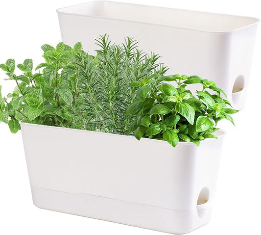 Herb Garden Planter Indoor Kit Self Watering Pots for Indoor/Outdoor Plants 2 Packs Windowsill Plant Pots with Drainage and Tray, Window Pot for Indoor Plants