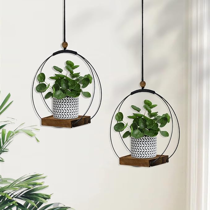 2 Pack Hanging Planters for Indoor Plants, Black Plant Hanger with Sturdy Wood Base, Modern Boho Macrame Hanger, Wall Ceiling Window Planters (Plants/Pots Not Included)