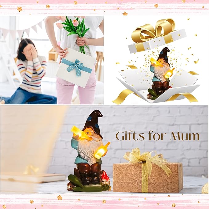 DKJOCKY Funny Garden Gnomes Outdoor, Solar Gnomes with Led Lights Decor for Outside, Gardening Gifts Garden Oranments Outdoor Birthday Gifts for Women Mom Grandma