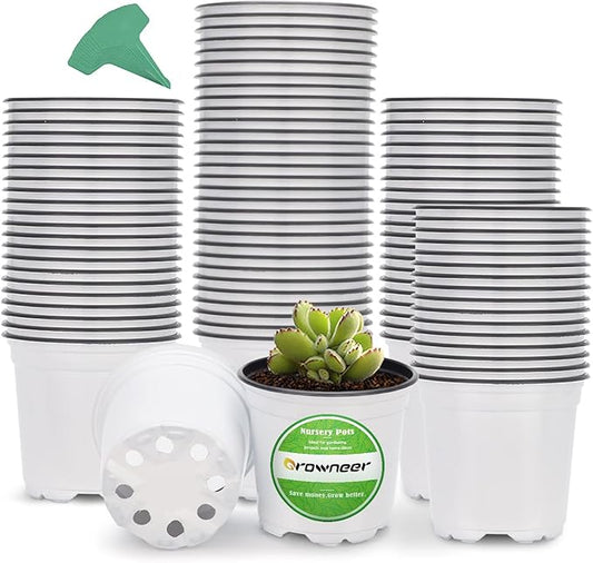 GROWNEER Nursery Pots 120 Packs 4 Inch Plastic Planting Pot with 15 Pcs Plant Labels, Seed Starter Kit Flower Planter Container for Succulents, Seedlings, Cuttings, Transplanting, White
