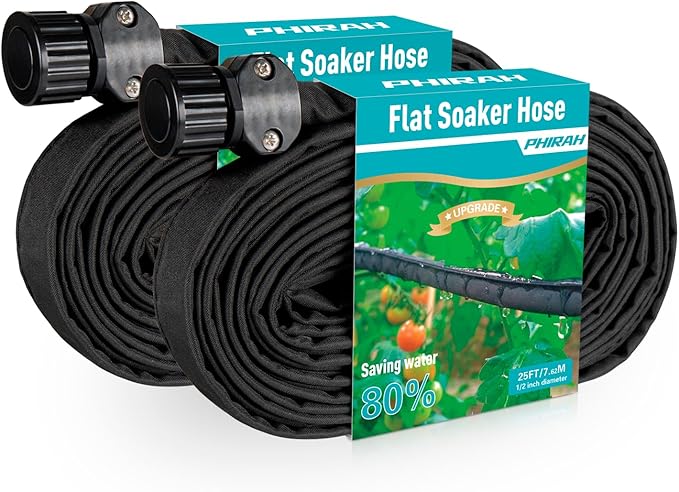 Flat Soaker Hose for Garden Bed, 25/50/75/100ft 1/2" Linkable Consistent Drip Irrigation Hose Save 80% Water Leakproof Double Layer Sprinkler Garden Hose with Holes (25FT 2Packs/50FT)