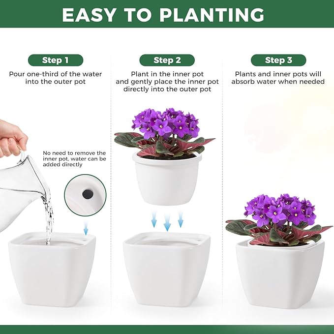 African Violet Pots, 6 Inch Self Watering Pot for Indoor Plants,Ceramic Self Watering Pots,Easy Plant Self Watering Planter for Busy Plant Lovers, Flower Pot with Absorbent Inner Pot - White