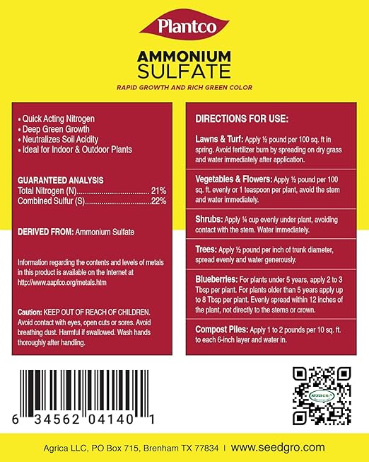 Ammonium Sulfate 21-0-0 Fertilizer with Nitrogen and Sulfur | Lowers pH in Alkaline Soil | Ideal for Lawns, Hydrangeas, Azaleas, Blueberries and Acid-Loving Plants | Made in USA | 2 lb Bag