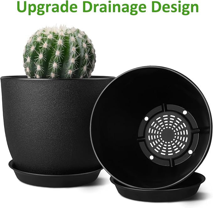 8 inch Plant Pots Set of 4 Pack, Plastic Planters with Drainage Holes and 4 Saucers, Morden Decorative Creation Flower Pots for Indoor & Outdoor Garden House Plants, Black