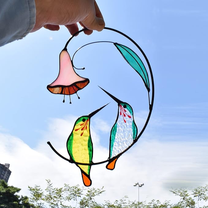 Lolitarcrafts Hummingbird with Flower Stained Glass Suncatcher Bird Stained Glass Window Hangings Hummingbird Gift for Home Decor (Green 1 Pair)
