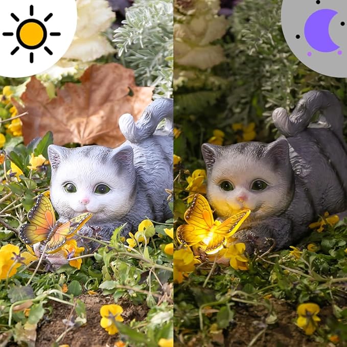 Solar Garden Statues Outdoor Cat Lights, Unique Housewarming Garden Gifts for Women Mom Wife Grandma and Sisters，Cute Cat Sculpture Decoration for Patio, Terrace, Balcony, Lawn