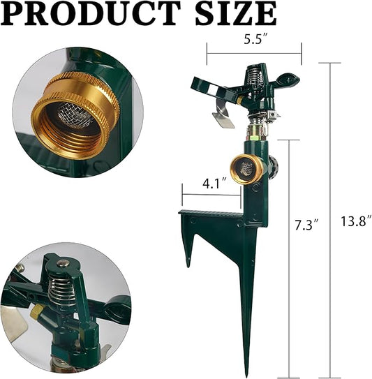 Hourleey 2 Pack Impact Sprinklers for Yard, Adjustable Pulsating Water Sprinkler Head on Step Spike, Zinc Alloy Lawn Sprinkler for 360 Degree Large Area Patio Garden Irrigation