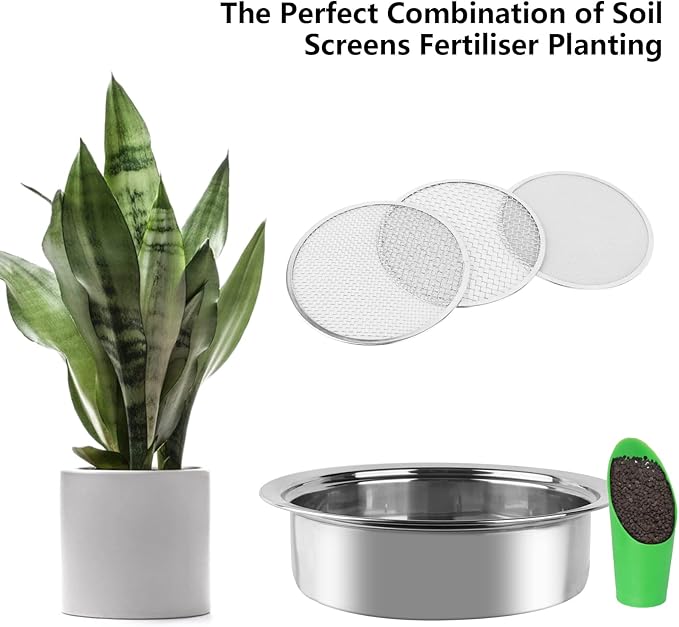 Dirt Garden Sieve Soil Sifter - Stainless Stackable Sifting Pan Soil Sand Sieve,9.5in Sifting Pan Contain 3 Sieve Mesh Filter Sizes (0.043",0.133",0.204") with Bonsai Soil Scoops,Garden Shovels 1PACK