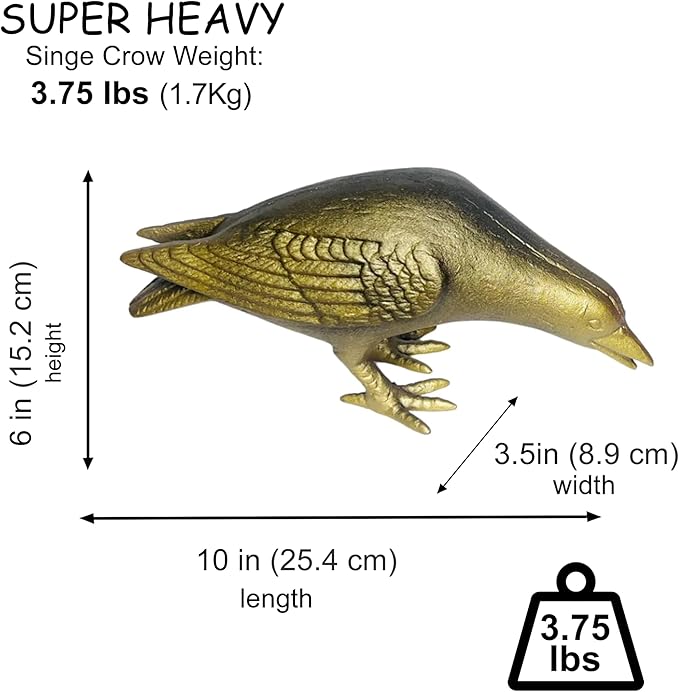 NACH Crow Decor, 10 x 3.5 x 6 inch, Cast Iron Antique Gold Raven Statue, Raven Decor for Outside - Head Down Crow Statue