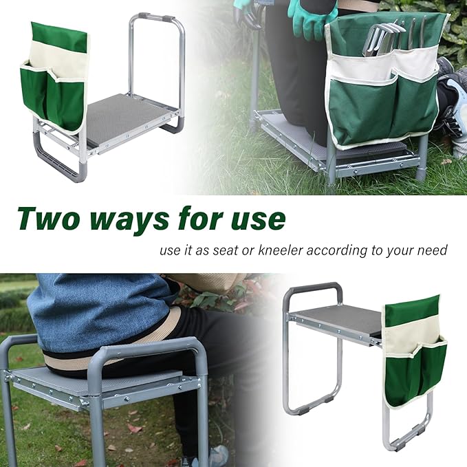 PLKO Multifunctional Garden Kneeler and seat Heavy Duty,Foldable Garden Bench for Kneeling and Sitting with Soft EVA Kneeling Pad and Large Tool Bag for Gardening Lovers
