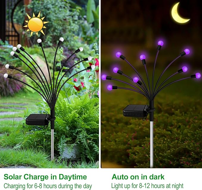 Solar Garden Lights Outdoor, 2 Pack 20 LED Solar Purple Firefly Lights Waterproof, Starburst Solar Wind Swaying Lights for Outside Yard Patio Planter Flower Bed Walkway Halloween Christmas Decoration