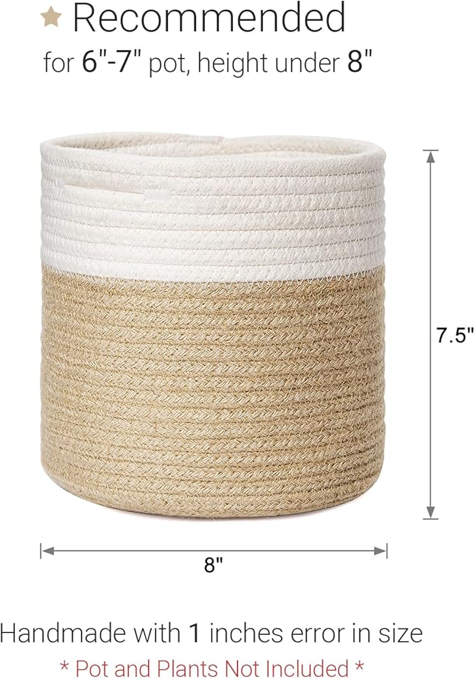 Dahey Small Cotton Rope Plant Basket Woven Plant Coiled Basket for Up to 7" Planter, Decorative Flower Pot Cover Closet Storage Bin Table Desk Organizer for Home Decor, White and Beige