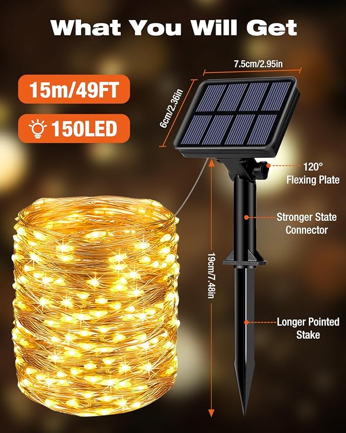 1 Pack Solar Fairy Lights for Outside Waterproof, 49FT/15M 150LED Solar String Lights Outdoor 8 Modes Solar Twinkle Lights for Garden Yard Christmas Tree Wedding Party Decor, Warm White