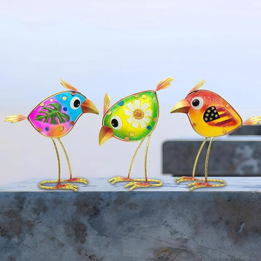 Garden Decor Metal & Glass Bird Decor for Indoor & Outdoor Set of 3 Birds, Lawn Ornaments for Patio Yard Porch, Outdoor Statue Decorations