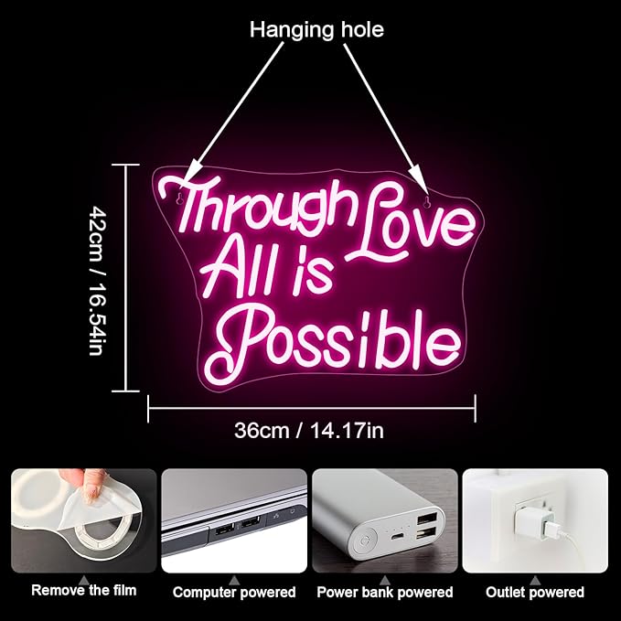 WLHOPE Through Love All is Possible Neon Sign Neon Signs for Wall Decor Dimmable Through Love All is Possible Pink Neon Lights LED Sign for Bedroom,Living Room,Bar,Party,Christmas,Birthday Gift