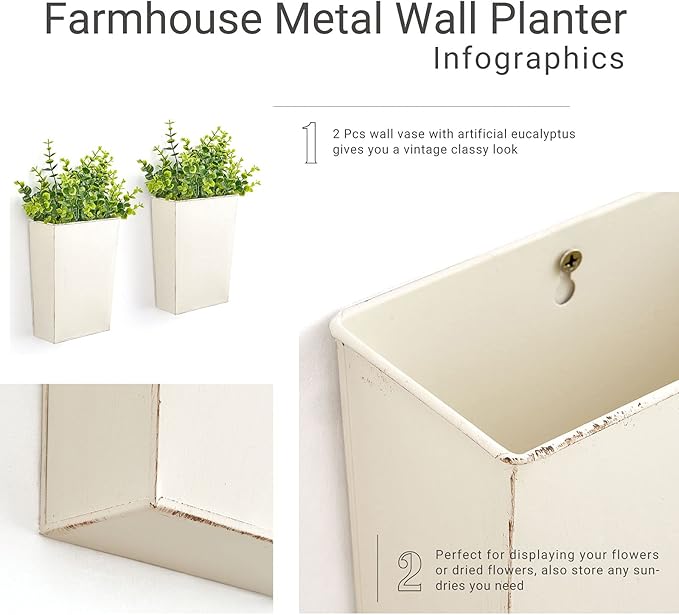 Dahey 2 Packs Metal Wall Planter with Artificial Plants, Farmhouse Wall Decor Hanging Wall Vase Boxs Galvanized Flowers Holder for Country Rustic Home Wall Decor, White