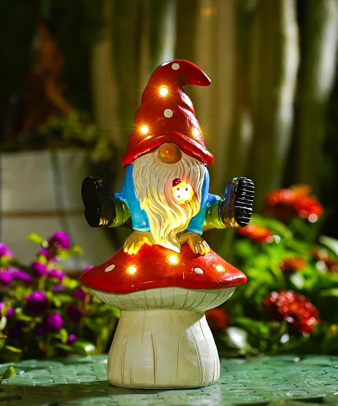 Solar Gnome Statues Outdoor Decor: Garden Figurines Sculpture with Mushroom for Yard Porch Patio Balcony - Gifts for Mother Grandma