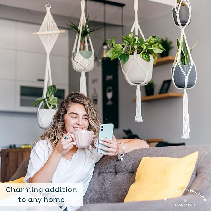 Nook Theory 4-Pack Macrame Plant Hanger - with 8 Ceiling Hooks - Hanging Planter Indoor Outdoor - Hanging Plant Holder - Decorative Bohemian Plant Hangers - Hanging Plants (Cream)