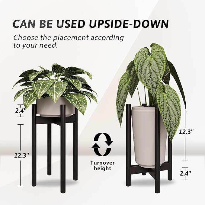 Adjustable Plant Stand Indoor, Bamboo Plant Holder 8 to 12 Inches, Small Tall Planter Stand for Indoor Plants, Single Floor Plant Stand for Living Room Balcony Bedroom, Pure Black