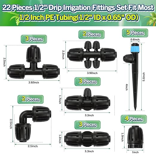 22 Pack Drip Irrigation Fittings Kit for 1/2 Inch Drip Tubing(1/2" ID x 0.65" OD), Anti-Drop Barbed 1/2'' Drip Line Connectors Include 3 Tees 3 Valves 2 Elbows 4 Plugs 5 Reducers 5 Emitters