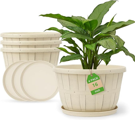 Quarut Plant Planters Pots Set of 4 Pack 16 Inch，Large Plastic Flower Pot for Indoor Plants with Drainage Holes & Trays, Whiskey Barrel Planters with Saucer for House Outdoor Garden Plant（Beige）
