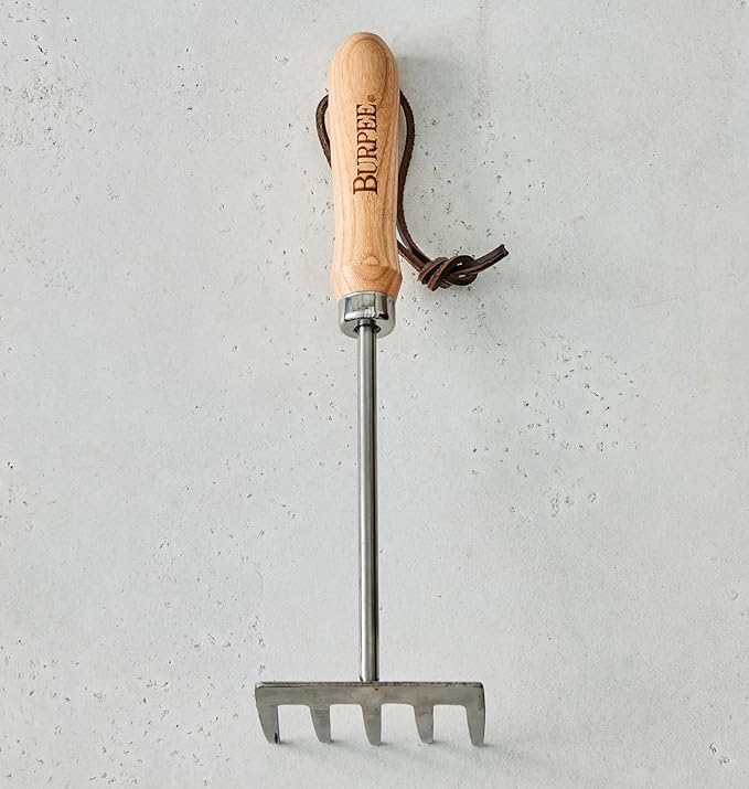Burpee 11" Stainless Steel Tine Cultivator Durable Long Lasting Garden Tool Leather Wrist Strap Rake, 10 Year Warranty, Oak